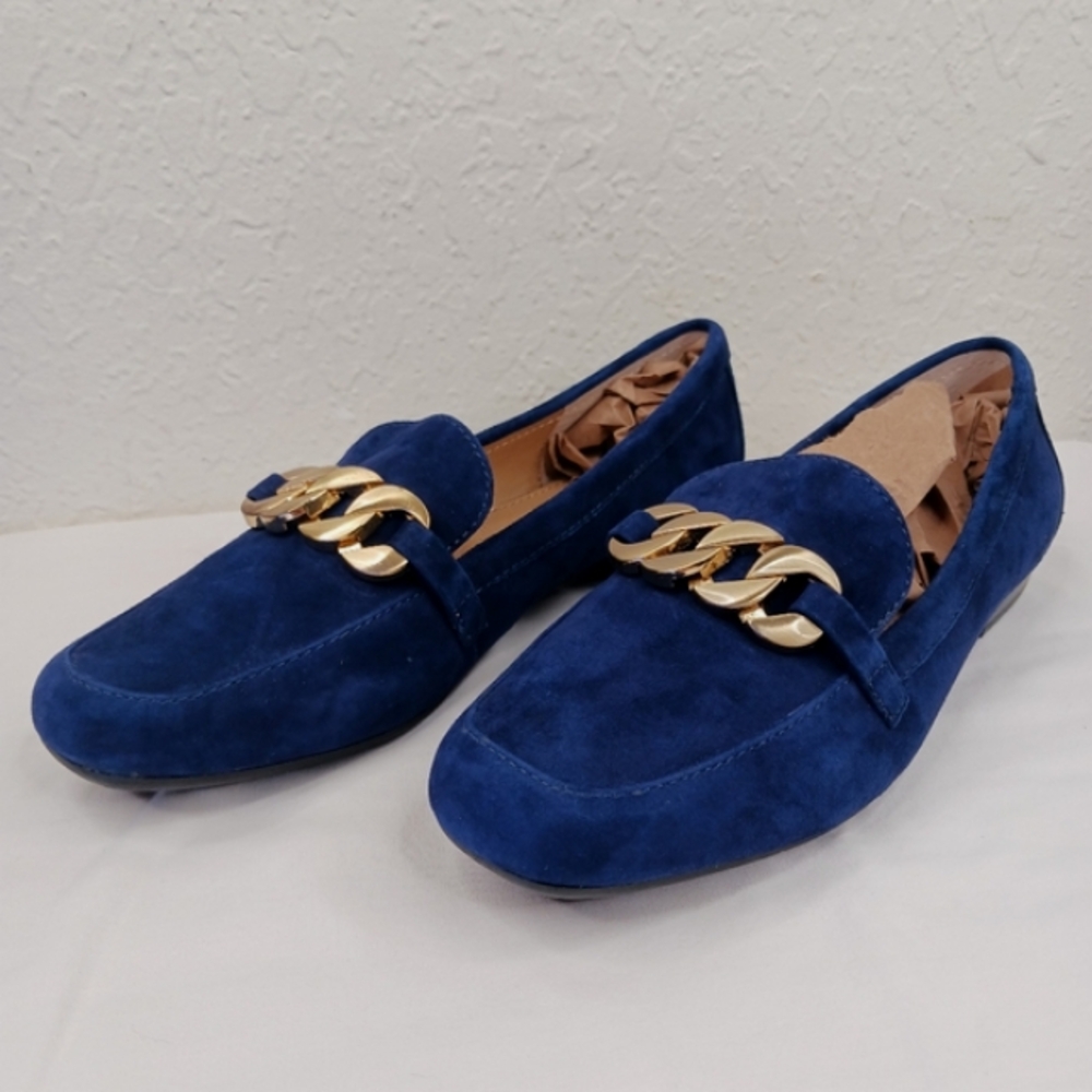 Slip On Loafers Shoes 7 Adrienne Vittadini Blue Suede Gold Chain Detail - Picture 2 of 11